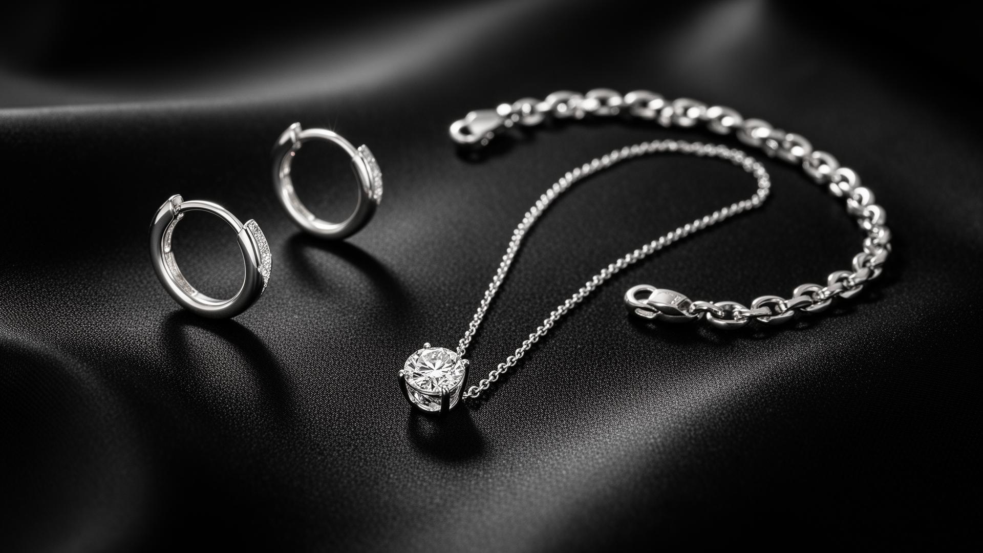 Mara silver jewellery — earrings, ring, pendant and bracelet on black silk